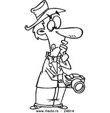 Vector of a Cartoon Black and White Outline Photographer Chimping a Glance on His Camera Display - Outlined Coloring Page